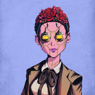 Stylized illustration of a woman wearing a crown of red roses and ornate gold goggles, with gold geometric line patterns decorating her face against a purple background.