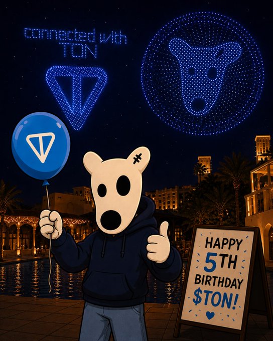 The image features a cartoon character dressed as a bear holding a blue balloon with a "TON" symbol on it. The background of the image shows buildings, palm trees, and a sign that says "Happy 5th birthday, $TON @ton_blockchain Let's keep on writing the story together".
