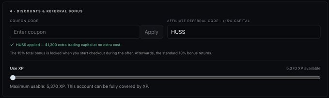 A discounts and referral bonus checkout screen showing a coupon code field, an affiliate referral code 'HUSS' providing 15% capital, and an XP usage slider with 5,370 XP available.