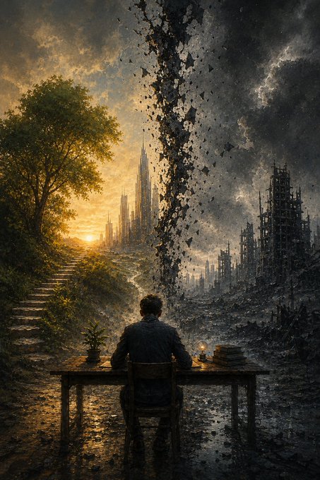 A person sits at a wooden desk viewing a split scene: on the left, a lush green landscape with a sunset and stairs leading toward distant skyscrapers; on the right, a dark, crumbling apocalyptic wasteland with debris swirling in the sky.