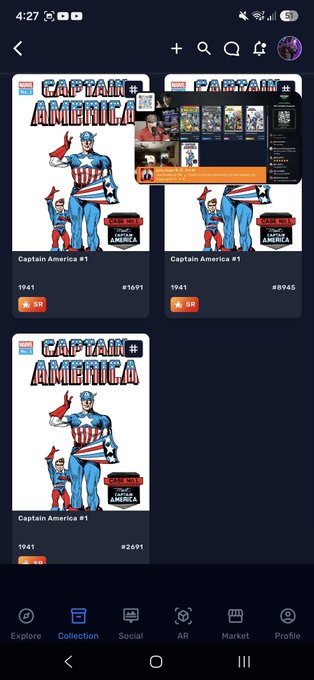 A mobile screenshot of the VeVe digital collectibles app showing three identical "Captain America #1" SR (Super Rare) comic book covers from 1941, with edition numbers #1691, #8945, and #2691, celebrating the user's triple SR pull after a long night of refreshing the app.