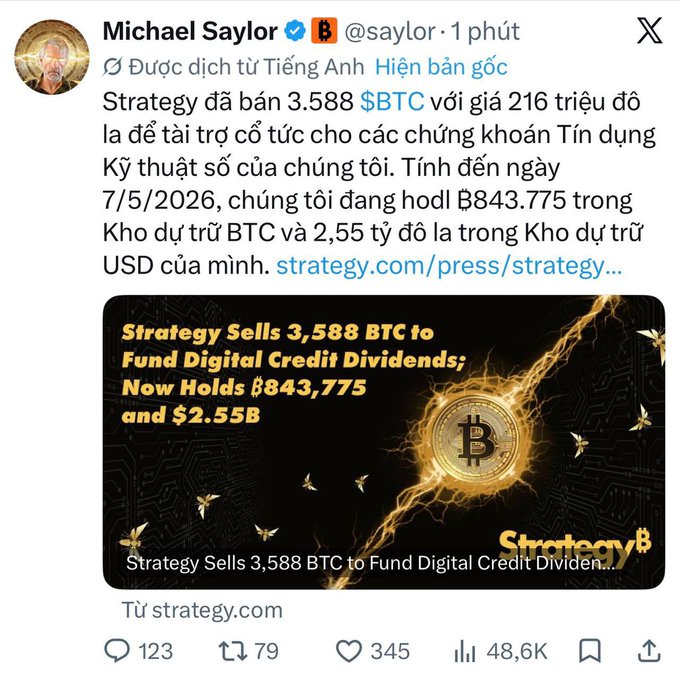 A Vietnamese-translated tweet from Michael Saylor (@saylor) announcing that Strategy sold 3,588 BTC for $216 million to fund digital credit dividends, now holding 843,775 BTC and $2.55B, with 48.6K views.