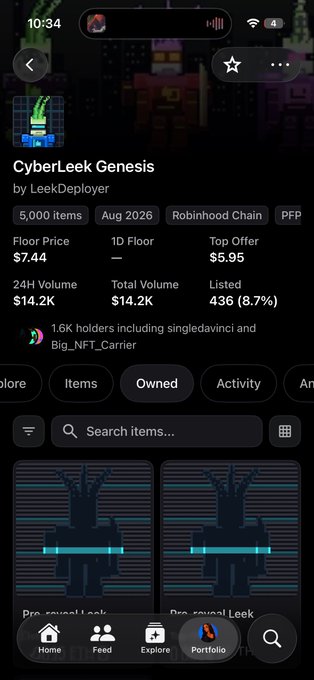 A mobile app screenshot showing an NFT collection called 'CyberLeek Genesis' by LeekDeployer with a floor price of $7.44, 24H volume of $14.2K, and 1.6K holders.