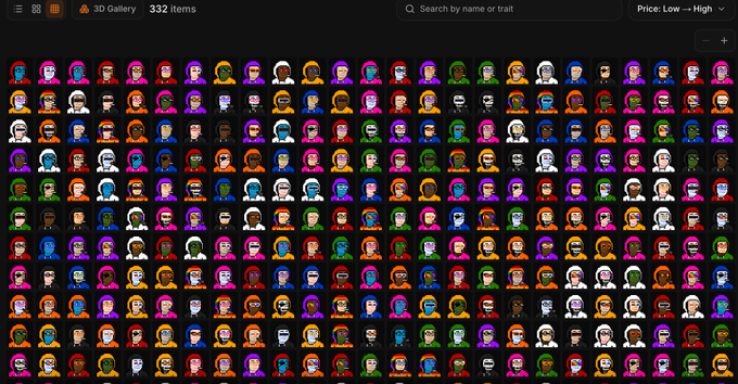 A dark-themed 3D Gallery NFT collection display showing 332 pixel-art character avatars arranged in a grid.