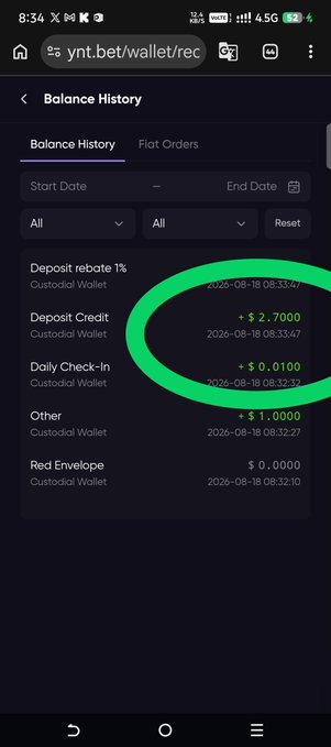 A mobile screenshot shows a 'Balance History' page on ynt.bet/wallet/rec with 'Deposit Credit' of +$2.7000 circled in green.