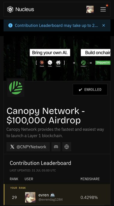 A mobile screenshot of the 'Nucleus' app showing the 'Canopy Network - $100,000 Airdrop' page with an 'ENROLLED' button and a Contribution Leaderboard displaying user 'evren' at rank 29.