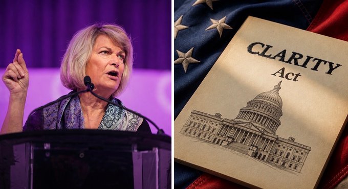 A woman with short blonde hair speaks at a podium with a microphone against a purple backdrop, paired with an image of a document titled "CLARITY Act" featuring an illustration of the U.S. Capitol on an American flag.