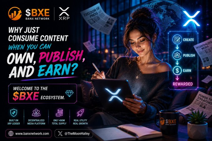 A promotional advertisement for the $BXE Banx Network ecosystem with XRP, featuring the tagline 'WHY JUST CONSUME CONTENT WHEN YOU CAN OWN, PUBLISH, AND EARN?' and a flowchart showing Create, Publish, Earn, Rewarded.
