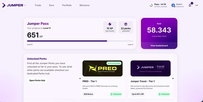 A dashboard screenshot of the 'Jumper' platform showing a user with 'Pass - lvl 10', 651 XP progress to Level 11, a rank of 58.343, and unlocked perks including 'PRED - Tier 1' and 'Jumper Travel - Tier 1'.