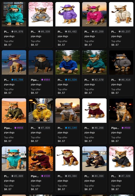 A grid of 20 AI-generated images features various corgi dogs wearing colorful outfits, hats, and sunglasses while smoking pipes, all listed under the user "pipe dogs" with "Top offer $0.57" and ranked numbers like #4,876 and #1,794 visible. The image directly relates to the post's sentiment, showing a series of poorly-received AI corgi NFTs that the creator apparently regrets listing.