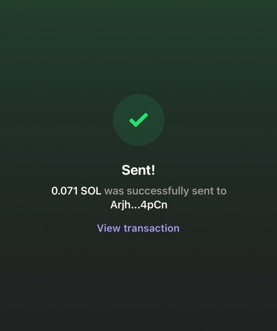 A mobile wallet confirmation screen showing a successful transaction with a green checkmark, displaying 'Sent! 0.071 SOL was successfully sent to Arjh...4pCn' and a 'View transaction' link.