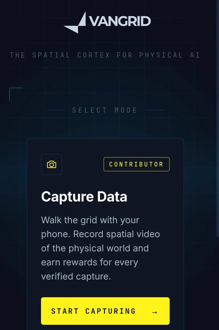 A dark mobile app screen for VANGRID branded 'THE SPATIAL CORTEX FOR PHYSICAL AI' showing a 'Capture Data' contributor mode with a yellow 'START CAPTURING' button.