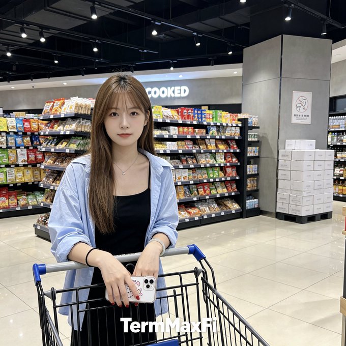A young Asian woman in a light blue jacket and black top standing with a shopping cart in a grocery store aisle, holding a phone case; the text 'COOKED' is visible in the background along with a watermark 'TermMax.Fi'.