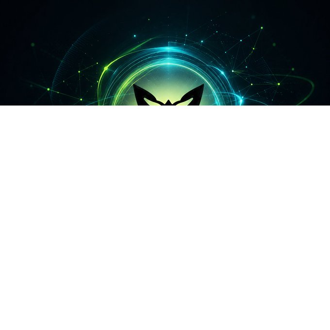 A graphic featuring a black bat-like silhouette set against glowing green and blue circular lights and network node lines on a dark background.