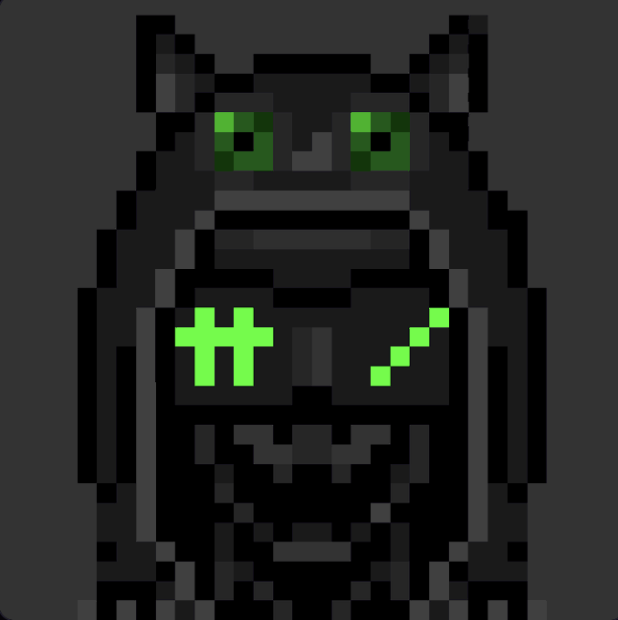 A pixel art illustration of a dark, robotic or armored figure with green glowing eyes and a chest panel featuring a plus symbol and a diagonal line on a dark gray background.