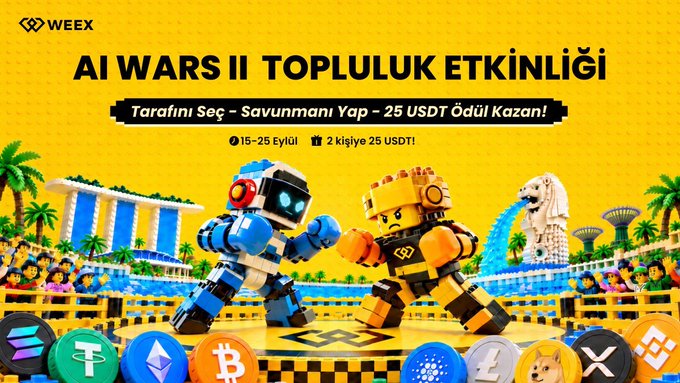 A WEEX promotional graphic for "AI WARS II TOPLULUK ETKİNLİĞİ" featuring robot fighters in a Singapore-themed setting, with the dates "15-25 Eylül" and a prize of "25 USDT" per person.
