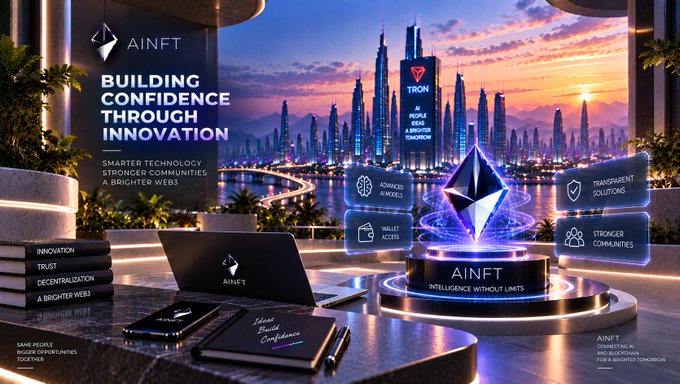 A futuristic promotional graphic for 'AINFT' displaying the text 'BUILDING CONFIDENCE THROUGH INNOVATION' and 'INTELLIGENCE WITHOUT LIMITS,' featuring the TRON logo and an Ethereum-style diamond against a neon cityscape.