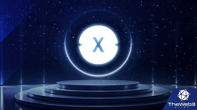A futuristic dark blue 3D render of a stage with a glowing white sphere displaying an 'X' logo, branded with 'TheWeb3' in the corner.