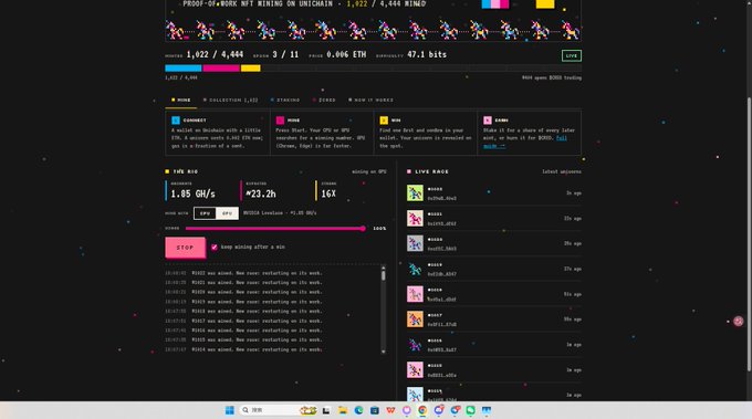 A screenshot of a cryptocurrency mining pool dashboard titled "PROOF-OF-WORK NFT MINING ON UNICHAIN" showing hashrate of 1.85 GH/s, 423.2h session time, ETH rewards at 0.006 ETH, and a live race leaderboard with various miners.