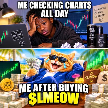 A two-panel meme using a "before and after" format. The top panel reads "ME CHECKING CHARTS ALL DAY" showing a stressed person looking at a dropping stock graph, while the bottom panel reads "ME AFTER BUYING $LMEOW" showing a cat wearing sunglasses and surrounded by money.