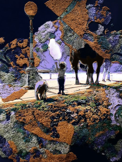A textured mixed-media collage artwork showing a child reaching toward a bright cloud-like shape near horses, with rough, fragmented geometric patterns in earthy orange and purple tones.