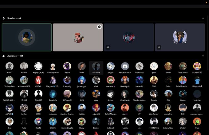 A Discord or virtual event interface showing 4 speakers and an audience grid of 184 avatars with various usernames.
