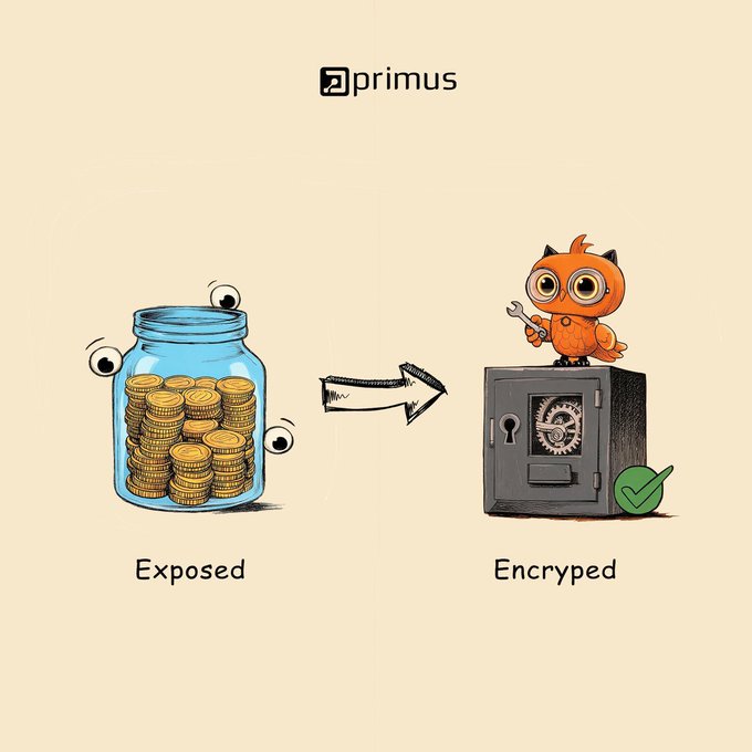 The image, branded with the "primus" logo at the top, uses a hand-drawn illustration to contrast two states of crypto asset security: on the left, an "Exposed" glass jar filled with gold coins surrounded by curious watching eyes represents vulnerable, publicly visible assets, while a sketchy arrow points to the right side labeled "Encrypted," showing a sturdy black safe with a keyhole and gears, guarded by an orange owl mascot holding a wrench and accompanied by a green checkmark, symbolizing secured and verified data. This visual metaphor aligns with the post discussing Primus Labs' Confidential Vault, emphasizing the platform's role as a privacy layer that transforms exposed digital assets into encrypted, protected ones.