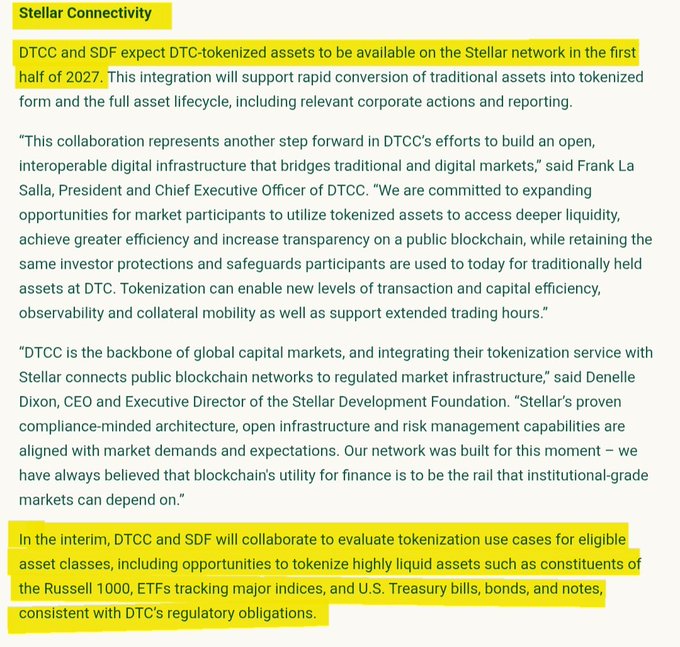 The image shows a document titled "DTCC and SDF expect tokenized assets to be available on the Stellar network in the first half of 2007." The text explains that tokenization will allow for the conversion of traditional assets into tokens, which can then be used as a form of currency or investment. This process is expected to create new opportunities for investors by enabling them to access and manage their assets more easily through digital platforms.