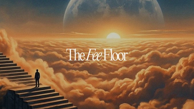 A dreamlike illustration of a figure standing on stone steps ascending into clouds toward a setting sun and moon, with the title 'The Fee Floor'.