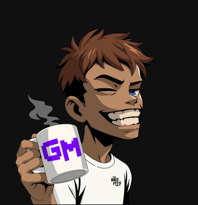 A cartoon-style illustration of a smiling person holding a white mug with "GM" in purple text, wearing a white "FITS" branded t-shirt.