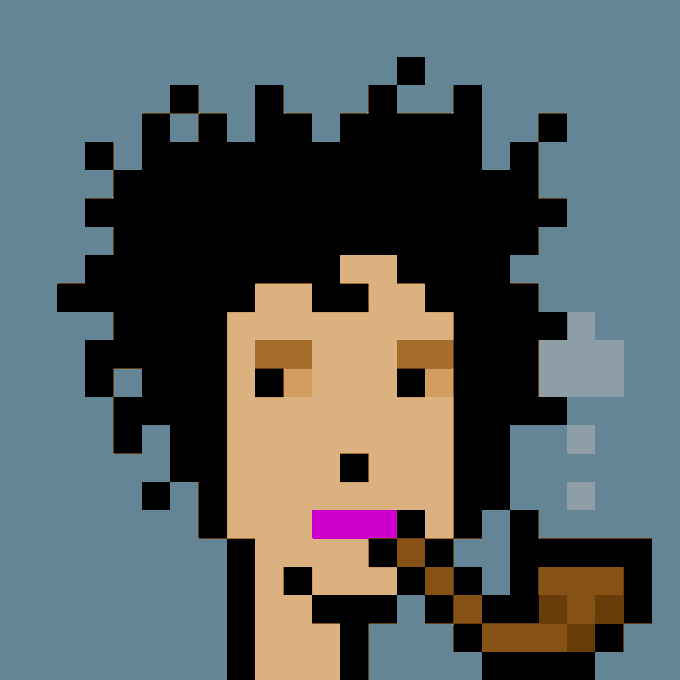 A pixel art portrait of a character with a large black afro, brown eyes, and a pink tongue/mouth, smoking a brown pipe, set against a blue background. The image represents CryptoPunk #8674, which was purchased for 35.60 ETH as noted in the accompanying transaction details.