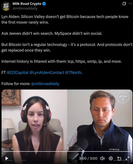A screenshot of a tweet from Milk Road Crypto (@milkroaddaily) quoting Lyn Alden about Bitcoin being a protocol rather than regular technology, accompanied by a video thumbnail showing a podcast between a woman with headphones and a man.