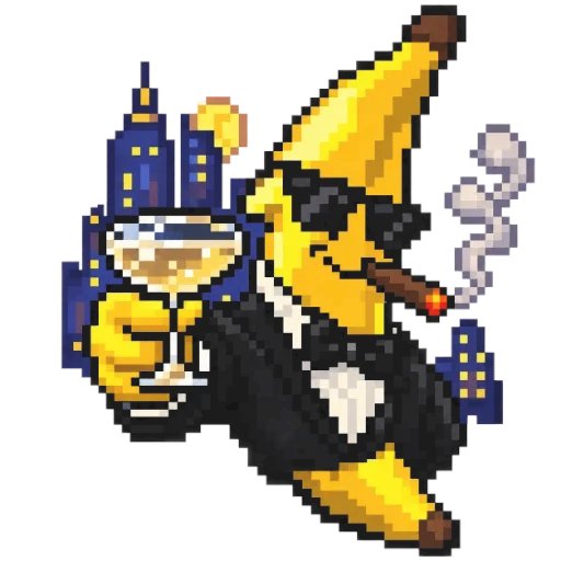 Pixel art illustration of a yellow character in a black suit, sunglasses, and tie, holding a wine glass, smoking a cigar, with a city skyline in the background.