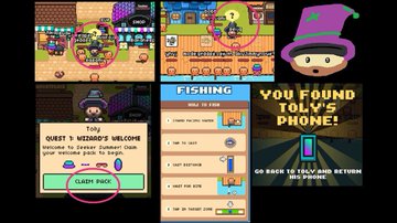 A collage of four screenshots from a mobile game, including scenes from 'Lumberjack Tycoon', a shop interface for fishing items, and a screen displaying 'YOU FOUND TOLY'S PHONE!'