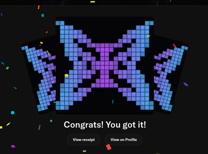A pixel-art 'X' design appears on cards with confetti and the text 'Congrats! You got it!' along with buttons for 'View receipt' and 'View on Profile'.