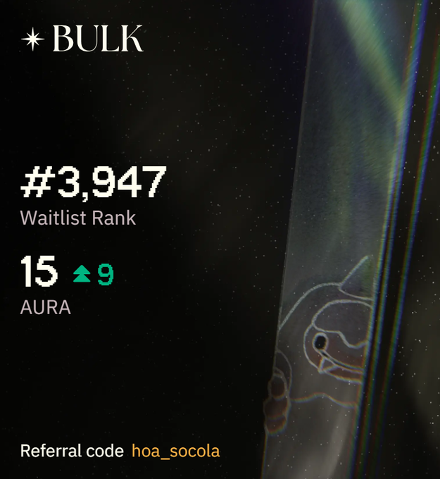 The image shows a post on @bulktrade about a queue for an auction item. The title of the post reads "Week 2 @bulktrade. Rank #3,947. 15 AURA and still climbing. The waitlist is getting more competitive every week, but that is what makes it fun." This post seems to be discussing the ranking system or the progress of a certain event in the queue at @bulktrade. There are no people visible in the image, only text-based information related to the auction item and the ongoing tournament.
