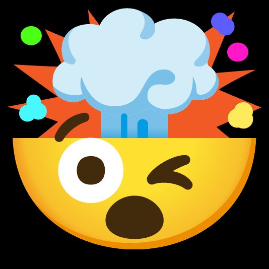 A cartoon emoji with a yellow face, one wide-open eye, a winking eye, and a shocked open mouth, with a mushroom-cloud-like explosion erupting from the top of its head against an orange burst background with colorful dots.
