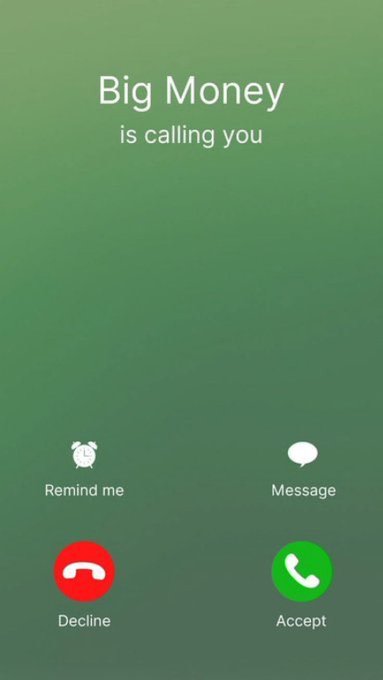 A smartphone incoming call screen with a green background displays the caller name 'Big Money is calling you' above Decline and Accept buttons.