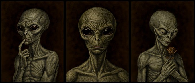 A triptych of three alien figures with large dark eyes and gaunt, textured skin—each contemplatively holding an object (a finger to lips, nothing, and a rose)—corresponds to the GN "Visitors of Silence" collection on Transient Labs, featuring "The Observer" (0.1 ETH), "Beyond the Stars" (0.02 ETH), and "The Last Bloom" (0.07 ETH).