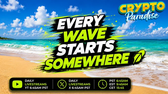 A vibrant promotional graphic for "Crypto Paradise" features a tropical beach backdrop with bold text reading "EVERY WAVE STARTS SOMEWHERE," promoting daily livestreams at 6:45 AM PST on YouTube and X, and listing times of PST 6:45AM, EST 9:45AM, and CET 15:45. The image ties into the post's announcement of the $SURF token launching at a $75k FDV on Robinhood Chain, with the "wave" theme symbolizing the token's beach-themed branding and upcoming giveaway of free beach vacations to holders.