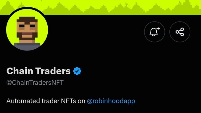 A Twitter profile page for **@ChainTradersNFT** featuring a pixel-art bearded avatar and the tagline "Automated trader NFTs on @robinhoodapp." The post announces an airdrop opportunity for 2,500 spots out of a 7,500 supply of auto-trading NFTs on Robinhood.