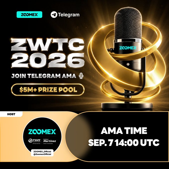 Promotional graphic for Zoomex's ZWTC 2026 Community AMA, featuring a glowing golden microphone, the Zoomex and Telegram logos, a "$5M+ Prize Pool" badge, and event details including host "ZOOMEX_Official" and AMA time "SEP. 7 14:00 UTC," matching the announcement's call to join the Telegram session on Sep. 7 to learn about the competition and $200 rewards.