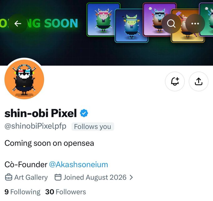 A social media profile page for 'shin-obi Pixel' (@shinobiPixelpfp), a verified account co-founded by @Akashsoneium, with banner text 'COMING SOON' and pixel art avatars.