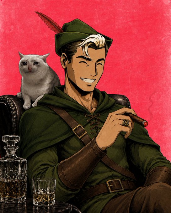 Stylized digital illustration of a smiling young man in a green Robin Hood-like outfit and feathered cap, holding a cigar, with a white cat perched on his chair back against a red background, alongside a crystal decanter and glass of liquor.