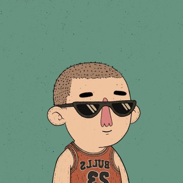 A cartoon illustration of a bald character wearing black sunglasses and a 'BULLS' jersey on a teal background.