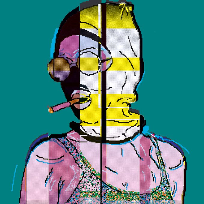 The image features a cartoon-style drawing of a person wearing a mask, holding a cigarette, and dressed in a pink shirt with green trim. The background color is blue, which contrasts with the yellow and white stripes on the person's face. The caption below the image reads "DIGITAL MILITANT 60".