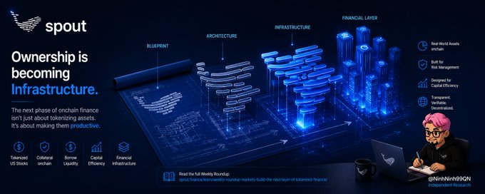 A promotional graphic for 'spout' featuring the headline 'Ownership is becoming Infrastructure,' with diagrams showing Blueprint, Architecture, Infrastructure, and Financial layers, alongside a cartoon avatar of a man with pink hair using a laptop and the handle @NinhNinh99ON.