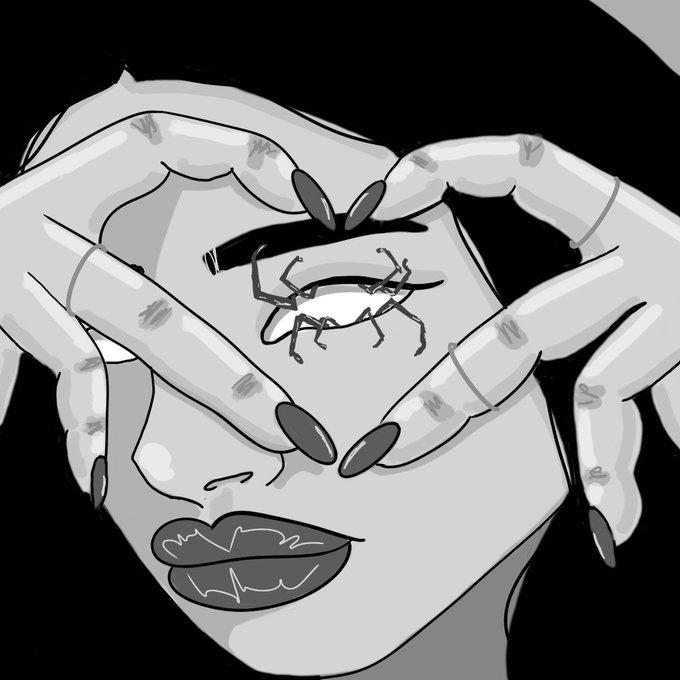 A black and white digital illustration shows hands forming a heart shape around a scorpion-like creature, with a face partially visible below.