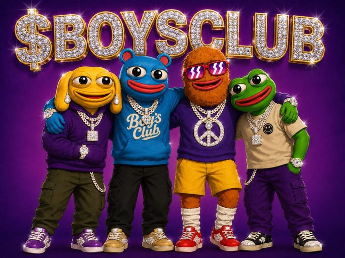 The image features four cartoon characters standing next to each other, all wearing colorful clothing and accessories. The text "boys club" is written above them, indicating that they are part of a group or organization named "boys club". The characters include a blue bear, a yellow duck, an orange monkey, and a green frog. They appear to be posing for a photo together, showcasing their unity as members of the boys club.