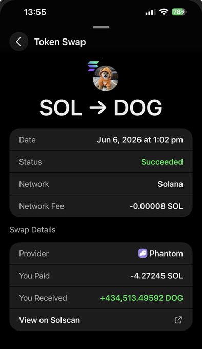 The image shows a cell phone screen displaying information about a transaction between two parties, including the names of the parties involved - one being "SOL" and the other being "DOG". The text on the screen reads "SOL-EFT DOG", which is a screenshot of a message or conversation. The phone's status bar shows that it was sent at 6:06 PM on June 26, 2026.